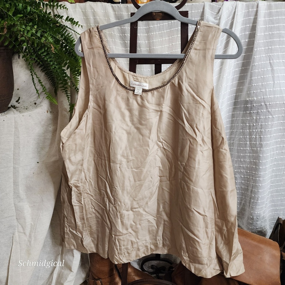 Coldwater Creek Womens 2X Silk Tank Top Beige Beaded Neck Blouse 20W-22W